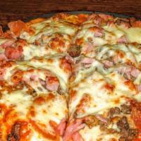 Delia'S Meat Lovers Pizza · Pepperoni, Italian sausage, fresh ground beef, gyro, grilled bacon and ham.