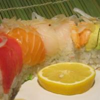 Rainbow Roll · In: crab meat, avocado, cucumber. Out: tuna, salmon, albacore, shrimp izumidal.