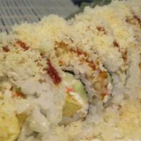 Crunch Roll · In: shrimp tempura, crab meat, avocado, cucumber. Out: tempura flakes.