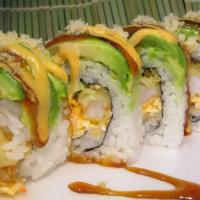 Rock & Roll · In: shrimp tempura, spicy crab meat, cucumber. Out: avocado.