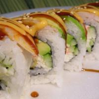 Tiger Roll · In: shrimp tempura, crab meat, avocado, cucumber. Out: shrimp, avocado.
