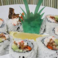 Salmon Skin Roll · In: cooked salmon skin, crab meat, avocado, cucumber. Served with house special sauce.