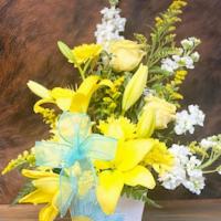 Sunshiney Days · THIS WOODEN KEEPSAKE CONTAINER AND THESE BRIGHT LILIES IS LIKE A BREATH OF FRESH AIR.