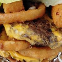 Tower Burger With Fries  · This is a monster! Two Da Burger House Signature patties, american cheese, mozzy sticks, oni...