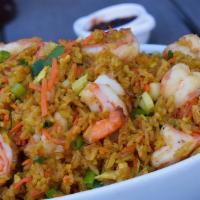 Shrimp Fried Rice Pan · Large pan of fried rice with shrimps