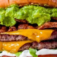 Avocado Bacon Club · Angus Beef Topped with fresh guacamole, ranch, applewood smoked bacon, lettuce, tomato, pick...