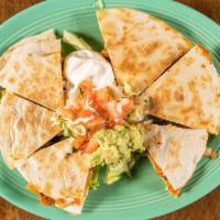 Southwest Quesadilla · BBQ grilled chicken breast, mixed cheese, onions, peppers and black beans. Served with avoca...