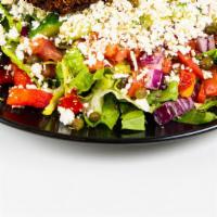 Big Greek Salad · Romaine lettuce, tomato, red onions, red peppers, cucumber, capers, olives, feta cheese and ...