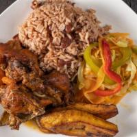 Brown Stewed Chicken · served with rice an peas/white rice and veg