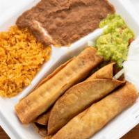Flautas Plate · Three crispy flautas of either shredded chicken or ground beef, served with refried beans, r...