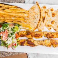 Souvlaki Chicken Open Face · Skewer. Served with pita, hand-cut french fries or rice, tzatziki or tyrokafteri and greek s...