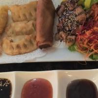 Bistro Sampler · All your favorites on one plate are crispy spring roll, crispy pot stickers, grilled chicken...