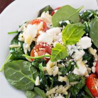 Fresh Spinach Salad · Baby leaf spinach with sautéed portobello mushrooms, bacon, hard boiled egg, croutons, cherr...
