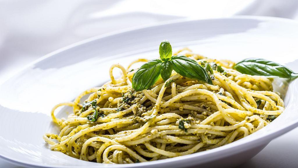 Fresh Pesto Alla Genovese · Choose from penne pasta or capellini pasta sautéed with extra virgin olive oil, fresh basil, pecorino Romano cheese and pignoli nuts.