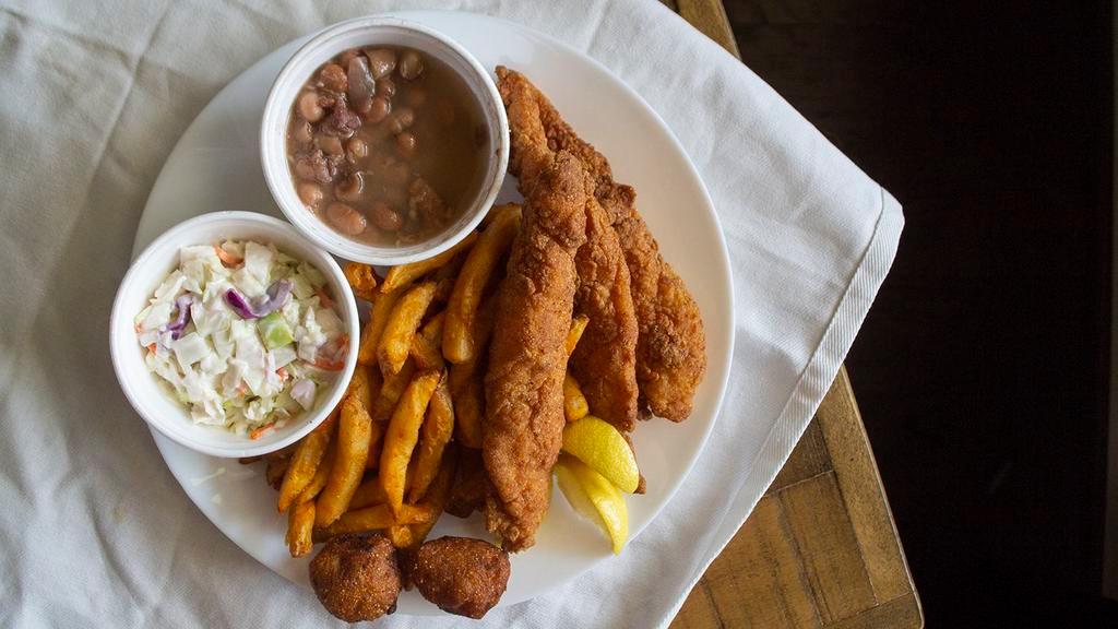 Catfish Dinner · Hand breaded in seasoned cornmeal and fried to a crispy golden brown. Small (3 fillets), regular (5 fillets), large (8 fillets).