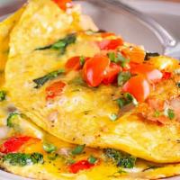 Omelet (Build Your Own) · Cheese, Tomato, Green Pepper, Onion, Spinach and Mushroom. Add Bacon, Sausage, Ham for an ad...