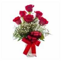 Long Stem Red Roses · Half Dozen Premium Red Roses Vased with greenery and babies breath.