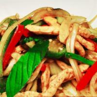Spicy Chicken With Basil · Spicy. Thai style. Stir-fried white meat chicken with fresh basil, Jalapeño, onion, green pe...