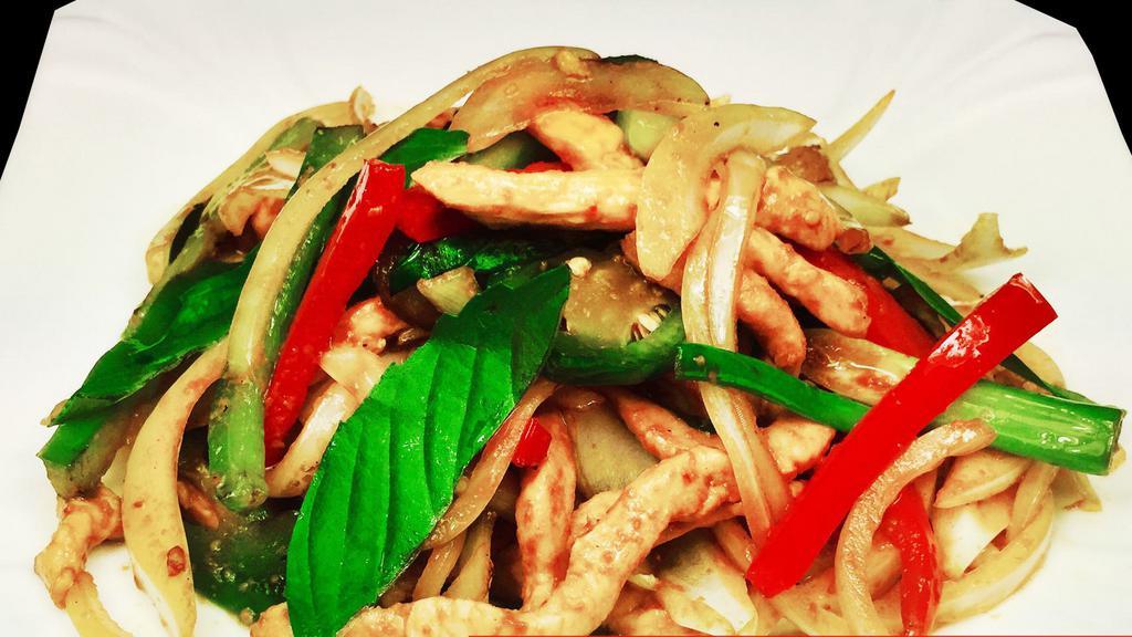 Spicy Chicken With Basil · Spicy. Thai style. Stir-fried white meat chicken with fresh basil, Jalapeño, onion, green pepper and ginger.