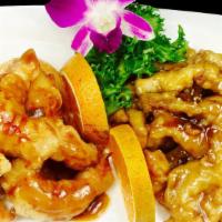 Shrimp & Chicken Hunan Style · Spicy. Hunan style. Spicy crispy shrimp and sesame chicken.