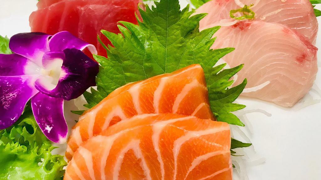 Sashimi Appetizer · Gluten free.TwoPieces each, tuna, salmon and yellowtail.