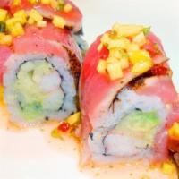 Ocean State Roll · Gluten free. Eight Pieces. Inside: Alaskan king crab, avocado and cucumber. On top: pepper s...