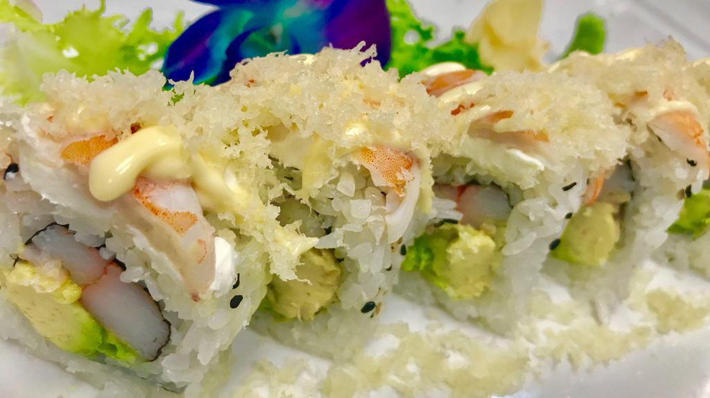 Summer Roll · Eight Pieces. Inside: crab meat and avocado. On top: shrimp, cream cheese and crunch.
