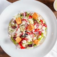 Greek Salad (Op) · Lettuce Blend, pepperoncini's, diced cucumbers, Julienne red onion, roasted red peppers, Fet...