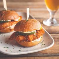 Beer-Brined Crispy Chicken Sliders · Beer - Infused. White wheat beer-brined chicken breast, crispy fried & served with dill pick...