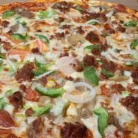 Pizza Supreme · Pepperoni, sausage, meatballs, mushrooms, peppers, onions, black olives, tomatoes, and mozza...