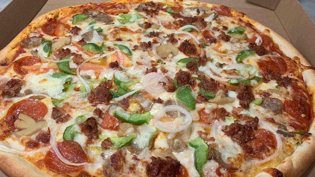 Pizza Supreme · Pepperoni, sausage, meatballs, mushrooms, peppers, onions, black olives, tomatoes, and mozzarella.