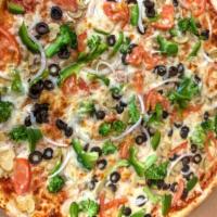 Vegetable Pizza · Fresh garlic, mushrooms, onions, mozzarella, black olive, sliced tomatoes, and mozzarella.