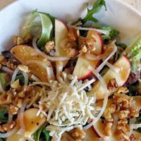 Opera Salad · Sliced apples, walnuts, v-cheese & onions on a bed of organic spring mix, with Balsamic Vina...