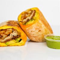 Bacon, Roasted Turkey, Avocado, Egg, & Cheddar Breakfast Burrito · 3 fresh cracked, cage-free scrambled eggs, melted Cheddar cheese, crispy bacon, sliced roast...