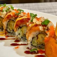 Crunch Roll (8Pcs) · Shrimp tempura, cucumber and spicy tuna , scallion , masago on top.