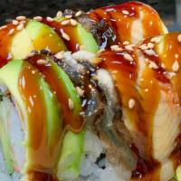 Dragon Roll (8Pcs) · California roll with eel, scallion, and avocado on top.