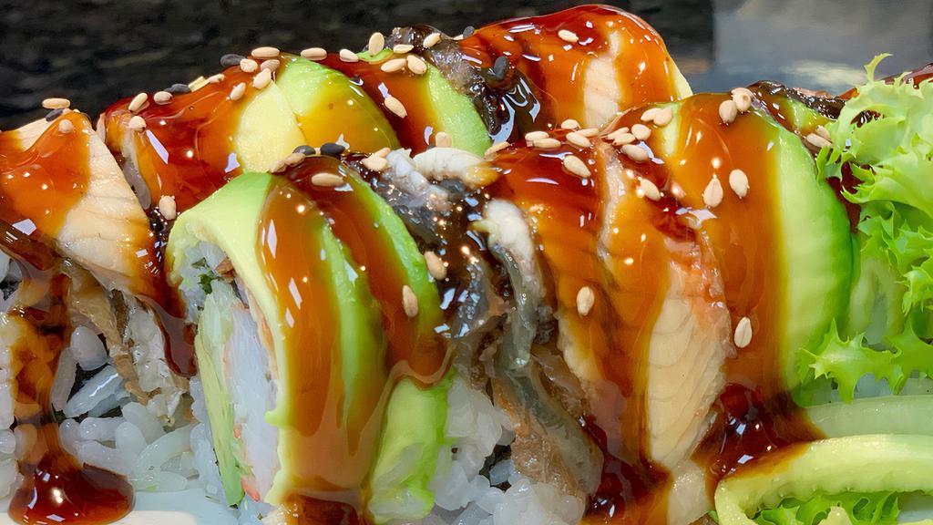 Dragon Roll (8Pcs) · California roll with eel, scallion, and avocado on top.