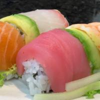 Rainbow Roll (8Pcs) · California roll with tuna, salmon, red snapper, yellow and avocado on top.