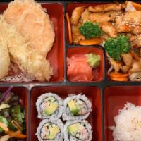 Chicken Teriyaki Box · Chicken Teriyaki, Shrimp & Vegetable Tempura, Salad, 6pcs California Roll and Rice