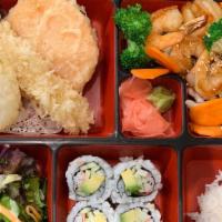 Shrimp Teriyaki Box · Shrimp Teriyaki, Shrimp & Vegetable Tempura, Salad, 6pcs California Roll and Rice