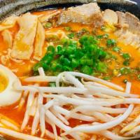 Spicy Tonkotsu Ramen · Pork, egg, bean sprout, green onion, bamboo and spicy sauce