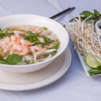 Shrimps Pho · Peeled shrimps served with chicken broth. 430 cal. per serving.