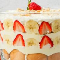 Strawberry Sundae Banana Pudding · Strawberry Lovers indulge in 16 oz of creamy banana pudding with a layer of strawberry glaze...