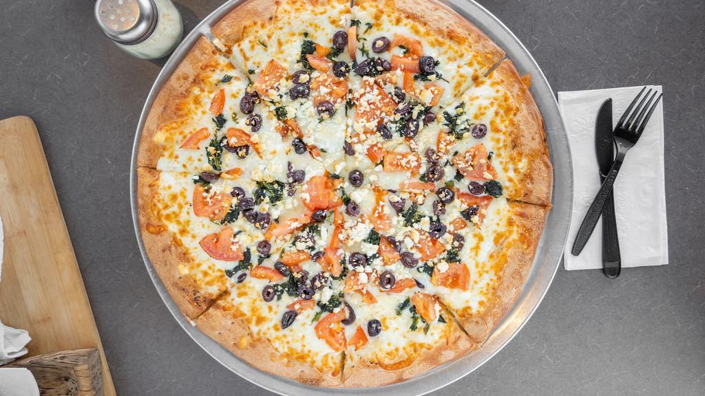Greek Special Pizza · White pizza. Feta cheese, mozzarella, spinach, Greek olives and fresh tomatoes.