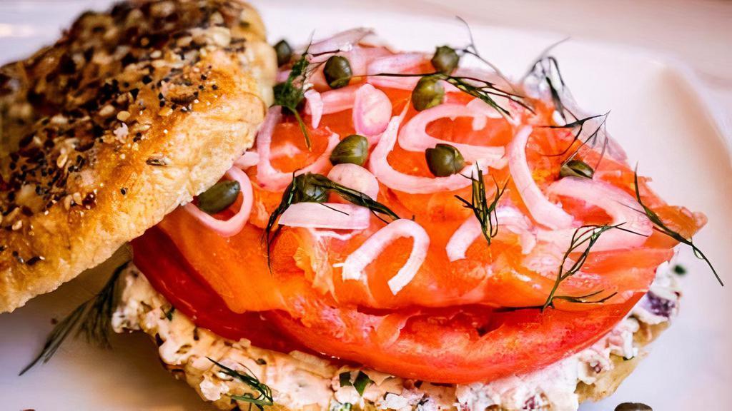 Lox 'N Bagel · Smoked Salmon, cream cheese, capers and red onion on a plain or everything bagel.