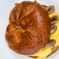 Sausage Egg And Cheese Sandwich · 2 Free range eggs scrambled with choice of bread and cheese (21 grain, Bagel, Croissant, Whi...