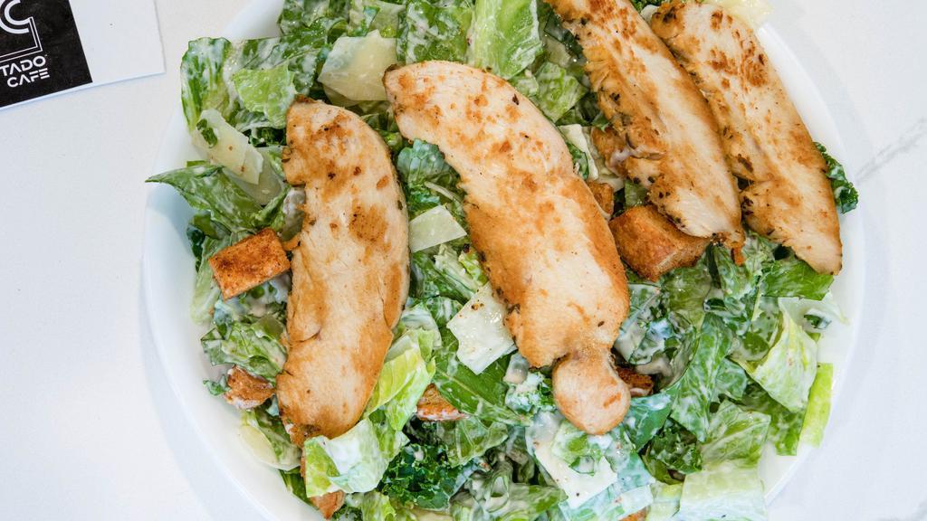 Grilled Chicken Caesar Salad · Freshly cut kale mixed with romaine salad, croutons and homemade Caesar dressing served with with grilled chicken.