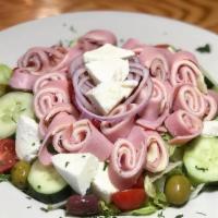 Antipasto · Iceberg lettuce, roasted peppers, cucumber, black and green olives, red onion, tomato, ham s...