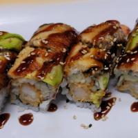 Black Dragon Roll · Shrimp tempura, cucumber, topped with eel, avocado and eel sauce.