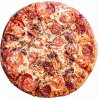 Signature Pizza · NY style crust, pepperoni, beef, breakfast bacon, basil, sliced tomatoes and mozzarella chee...